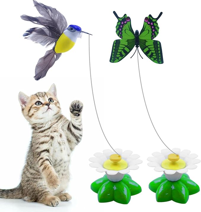 Yisquar Electric Bird & Butterfly Teasing Cat Toy 2PCS Interactive Bird Toy for Cats Interactive Cat Toys Automatic Electric Butterfly 360°Rotating Kitten Toys Fun Flying Birds Cats Play Chase-Mewly Pet