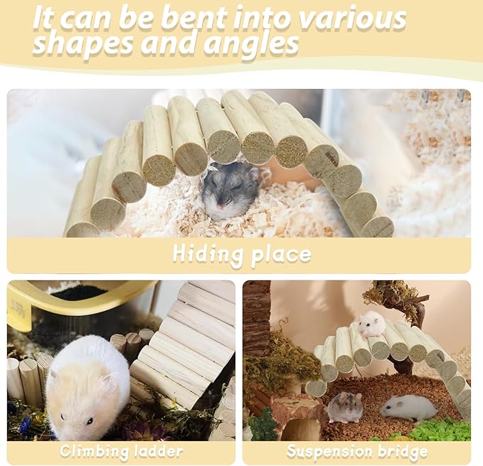 PIVBY 2PCS Wooden Hamster Ladder Bridge, Flexible Wood Tunnel Hide, Hamster Chew Toys for Small Animals Guinea Pig, Rat, Chinchilla, Gerbil, Mice, Mouse (Natural)-Mewly Pet