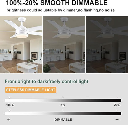 YUHAO 60 Inch White Ceiling Fan with Light and Remote Control.Noiseless,Dimmable,3CCT,6 Speeds Reversible, DC Ceiling Fans for Indoor or Covered Outdoor