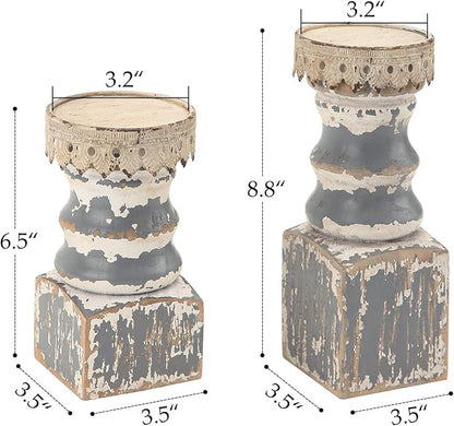 NIKKY HOME Farmhouse Pillar Candle Holder Set of 2 - Rustic Wood Decorative Candlesticks Pedestal, Centerpieces Decor for Fireplace Mantle Coffee Bar Dining Table, Distressed Grey