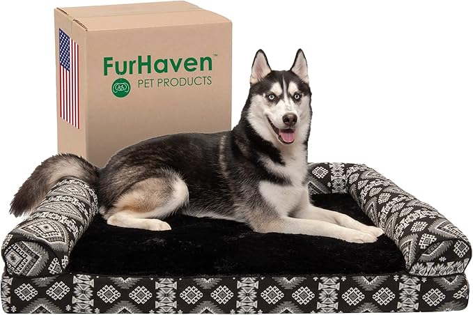 Furhaven Orthopedic Dog Bed for Large Dogs w/ Removable Bolsters & Washable Cover, For Dogs Up to 95 lbs - Plush & Southwest Kilim Woven Decor Sofa - Black Medallion, Jumbo/XL-Mewly Pet