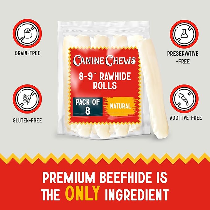 Canine Chews 8-9" Retriever Roll Rawhide Bones for Large Dogs - Durable, Thick Rawhide Bones, Quality Dog Rawhide Chews for Medium to Large Dogs, Thick Size Keeps Dogs Occupied (8 Pack)-Mewly Pet