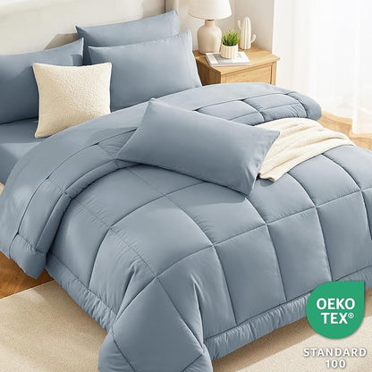 CozyLux Full Size Comforter Sets Grayish Blue, 7 Pieces Bed in a Bag, Blue Comforter Full Size, All Season Bedding Sets with Stitch Quilted Comforter, Flat Sheet, Fitted Sheet, Pillowcases
