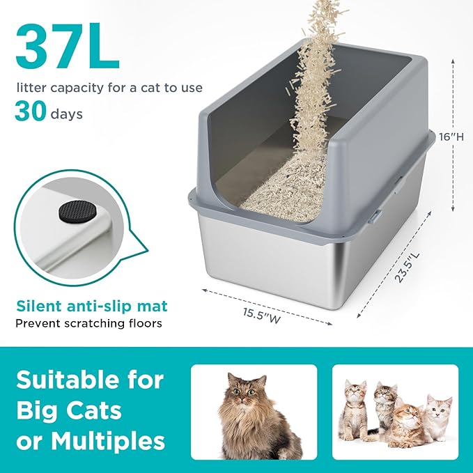 LIHONG Stainless Steel Litter Box with Lid, XL Metal Cat Box for Indoor Cats, Enclosure Cat Litter Pan for Large Cats, Non-Sticky Large Kitty Litter Box, Anti-Leakage, 23.5" X 15.5" X 16"-Mewly Pet