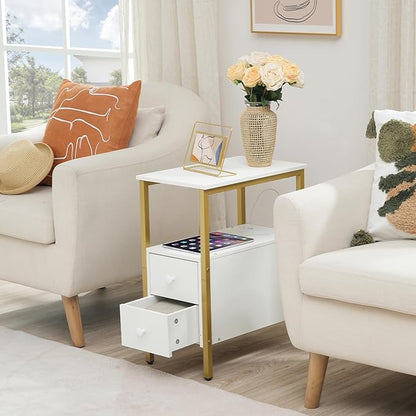 HOOBRO End Table with Charging Station, Narrow Side Table with 2 Drawer & USB Port & Power Outlets, Nightstand for Small Spaces, Stable and Sturdy, for Living Room, Bedroom, Gold and White DW541BZ01