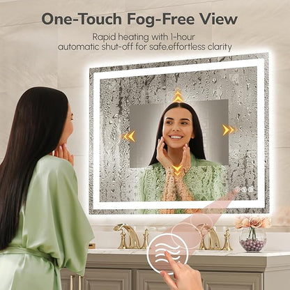 USHOWER LED Bathroom Mirror 48x36 Inch with Lights - Frameless Tempered Glass LED Backlit Lighted Mirror for Bathroom Vanity with Anti-Fog, 3 Colors Dimmable, Memory Function, Wall-Mounted