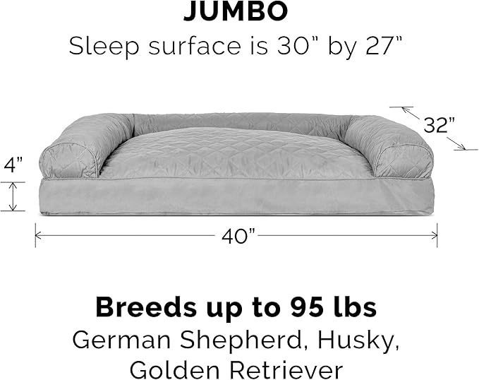 Furhaven Pillow Dog Bed for Large Dogs w/ Removable Bolsters & Washable Cover - Quilted Sofa - Silver Gray, Jumbo/XL-Mewly Pet