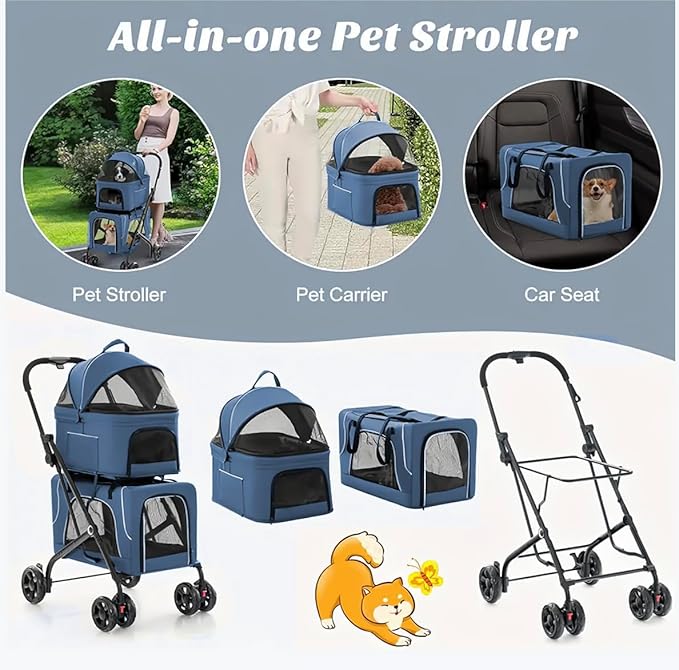 Pet Stroller with 2 Detachable Carriers, Folding Design, Large Capacity for Cats and Small Dogs, Navy, Medium-Mewly Pet