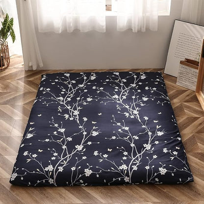 MAXYOYO Navy Floral Printed Japanese Floor Mattress Rustic Style Futon Mattress Foldable Bed Roll Up Camping Mattress Floor Lounger Bed Couches and Sofas Mattress Topper King Size