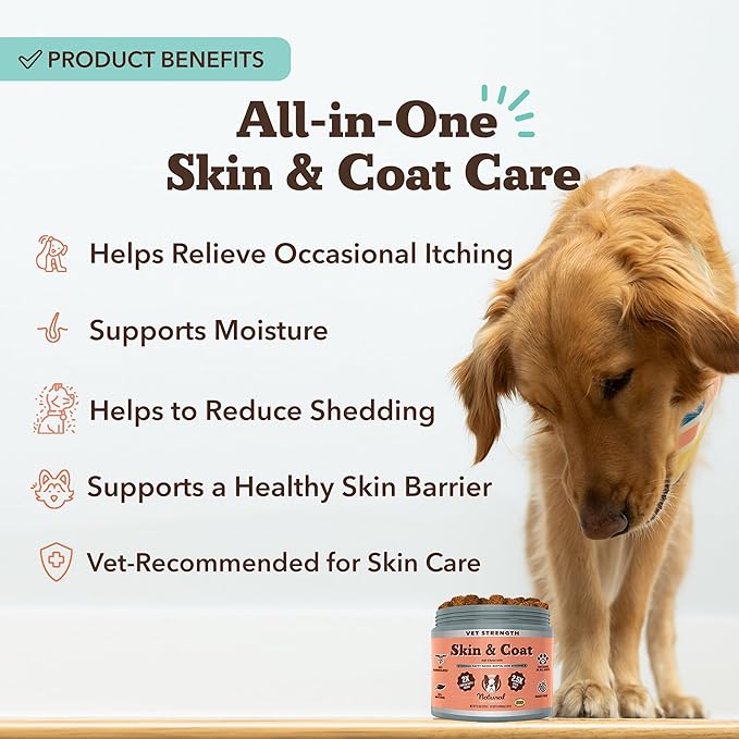 Natural Dog Company Omega Skin & Coat Chews, Vet Strength Supplement, Itchy Skin Relief, Moisture Balance & Coat Hydration, Biotin & Vitamin E, Dry Skin Care, Vet-Recommended, USA Made, 90 Ct-Mewly Pet