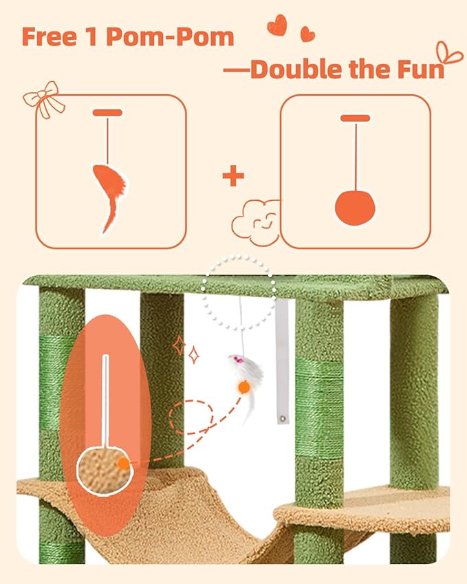 Taoqimiao Cat Tree, 66.2-Inch Cat Tower for Indoor Cats, Plush Multi-Level Cat Condo with 7 Scratching Posts, 2 Perches, 2 Caves, Hammock, 2 Pompoms, MS013T Cactus-Mewly Pet