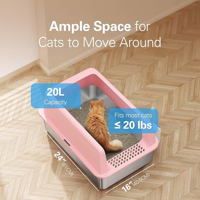 Zarler Stainless Steel Litter Box with Lid, Extra Large Cat Litter Boxes, XL Large Metal Litter Box for Big Cats with High Sided, Pink (Non-Sticky, Easy to Clean, Anti-Urine Leakage)-Mewly Pet