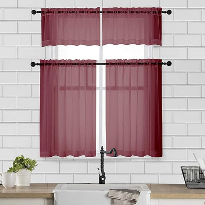 Chyhomenyc Sheer Curtains 36 Inch Length, Short Voile Sheer Window Curtians for Small Window Bathroom Cafe Living Room Farmhouse, 2PCS, 42W x 36L inches, Rod Pocket, Burgundy