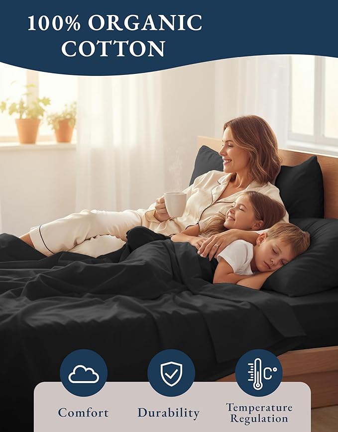 LANE LINEN 100% Organic Cotton Twin Bed Sheet Set, 3 Pc Twin Size Sheets Set, Soft & Breathable Twin Sheet Set Boys, Hotel Style Bedding Sheets & Pillowcases, 15" Deep Fitted Sheet - Black