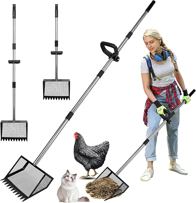 Chicken Poop Scooper and Rake with Ergonomic Handle, 2 in 1 Large Metal Chicken Coop Scoop for Poop with Adjustable Stainless Steel Pole, Sand Sifting Shovel for Chicken Coop Accessories-Mewly Pet