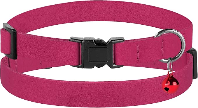 Breakaway Cat Collar Leather with Removable Bell - 13 Colors Available - Soft Adjustable Girl Boy Safety Lightweight Pet Kitten Collars Pink Brown Blue Green Red Orange Black (Pink)-Mewly Pet