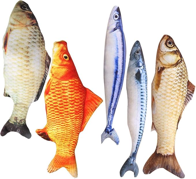 Catnip Toys 5 Pack - Simulation Fish Shape Realistic Fluffy Catnip Doll Interactive Pets Pillow Chew Bite Supplies for Cat Kitten Kitty-Mewly Pet