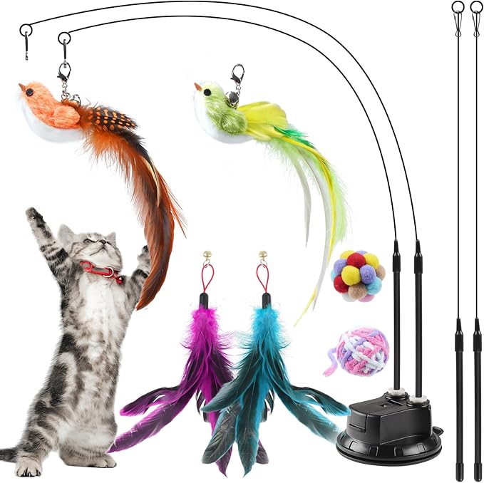 ROSAUI 11-Pack Cat Toy Set with Suction Cup Base and Wire Teasers – Interactive Bird and Feather Attachments with Yarn Balls for Cats and Kittens – Indoor Cat Fun and Exercise-Mewly Pet