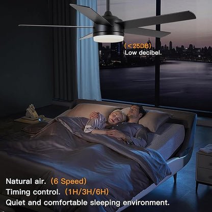 YUHAO 52 Inch Black Ceiling Fan with Light and Remote Control.Noiseless,Dimmable,3CCT,6 Speeds Reversible, DC Ceiling Fans for Indoor or Covered Outdoor