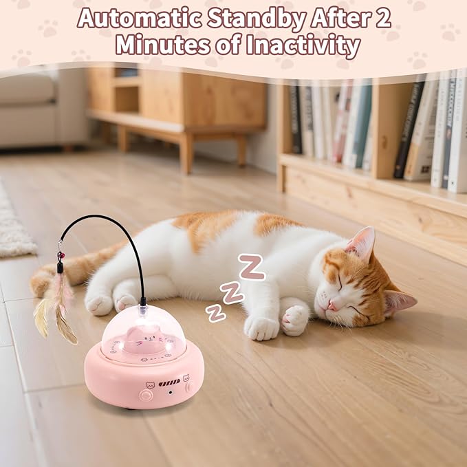 Automatic Cat Toys with Feathers, Interactive Cat Toy for Indoor Exercise, Rechargeable Teasing Toys for Indoor Cats, USB Powered, Smart Standby&Obstacle Avoidance(Pink)-Mewly Pet