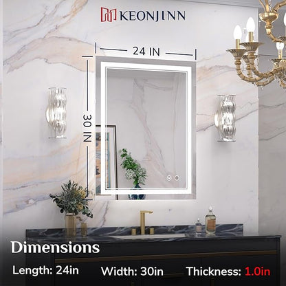 Keonjinn LED Mirror for Bathoom 24 x 30 Inch, Bathroom Mirror with Front Lights, Shatter-Proof Tempered Glass, UL-Listed LED Driver, Anti-Fog, Dimmale 6000K, Easy Installation(Horizontal/Vertical)