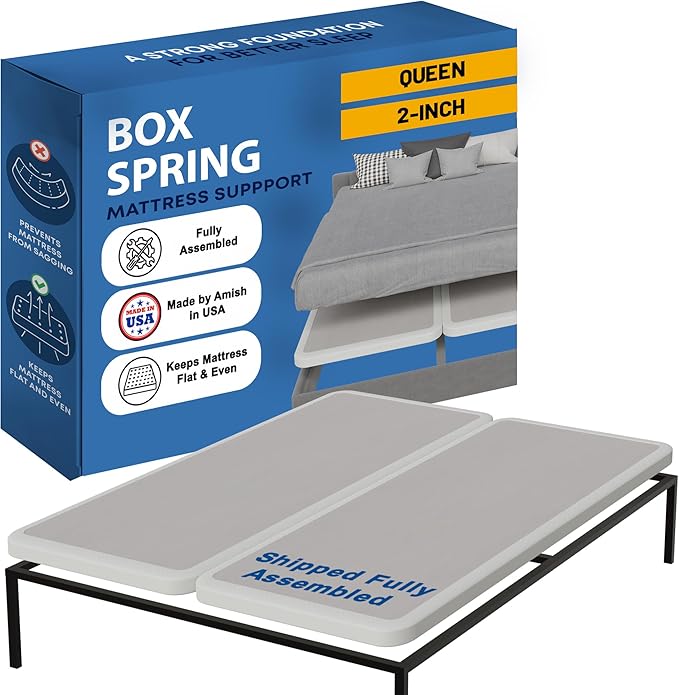 Greaton, Box Spring Bed Base Queen Size, 2-Inch Wood Mattress Foundation - Amish Made in USA – Quiet Noise Free, 2-Pieces Under Mattress-Support BoxSpring, Fully Assembled, White