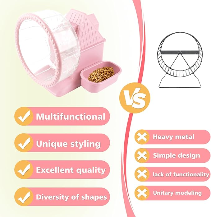 4 in 1 Silent Large Hamster Wheel Multifunctional Hamster Running Wheel Quite Running Spinner Wheel Accessories with Food Bowl Water Bottle for Hamsters Dwarf Gerbil (Pink)-Mewly Pet