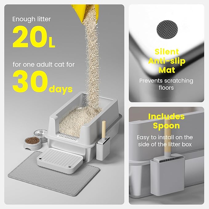 Stainless Steel Cat Litter Box - Enclosed XL Metal Kitty Litter Box with Lid for Big Cats, High Sided, Anti-Leakage, Easy Cleaning, Non-Sticky, Included Litter Mat, Cat Bowl & Spoon-Mewly Pet