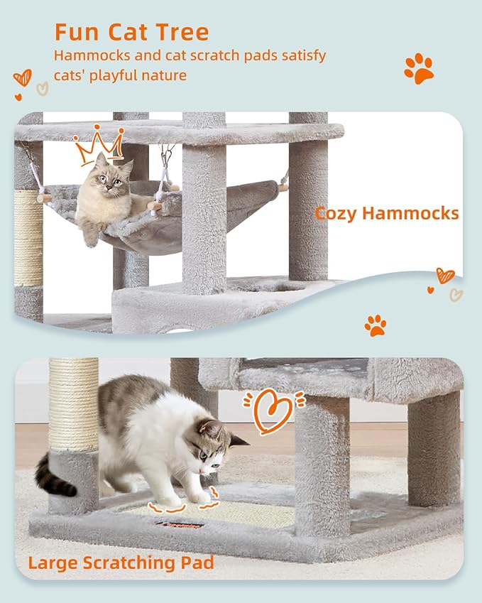 Taoqimiao Cat Tree, 68-Inch Cat Tree Cat Tower for Indoor Cats, Plush Multi-Level Cat Condo with 6 Scratching Posts, 2 Perches, 2 Caves,Hammock, 3 Pompoms,MS020SW Light Gray-Mewly Pet