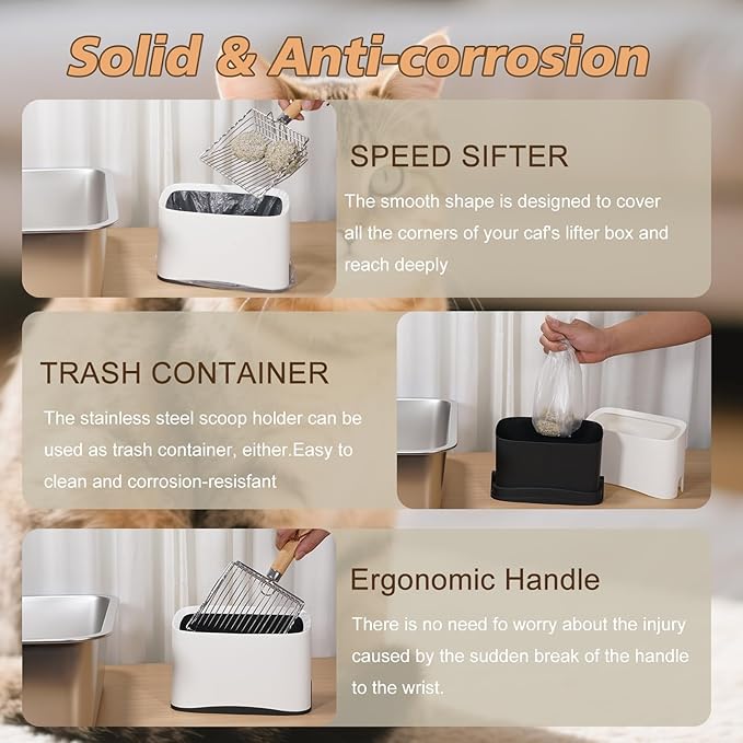 Metal Cat Litter Scoop with Holder, Poop Scooper with Stand and 2 Rolls of Garbage Bags, Heavy Duty Stainless Steel Shovel with Wooden, Quick Sifter for Easy Cleaning (Long handle-9.8" with Holder)-Mewly Pet