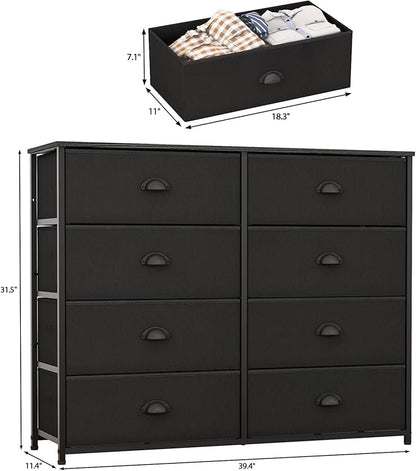 Furnulem Dresser with 8 Fabric Drawers, Wide Console Table for 50'' TV, Storage Organizer Unit for Bedroom, Office, Dorm, Closet, Hallway, Sturdy Metal Frame & Wood Top (Black)