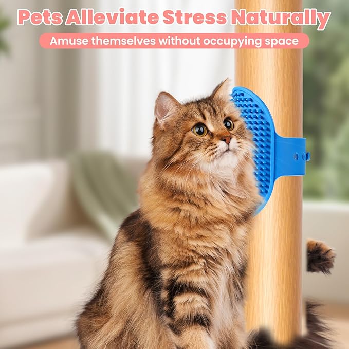 4Pcs Silicone Cat Grooming Brush Set, Multi-Functional Cat Self Groomer for Indoor Cats, Wall Mounted Face Scratchers, Grooming Strap Pad for Sofa & Chair Legs (Blue, Red)-Mewly Pet