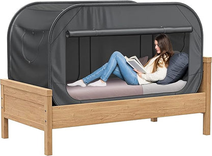TidyFriend Twin Bed Tent, Pop-Up Privacy Canopy & Tent Beds for Kids and Adults – Cozy, Light Blocking, Breathable Pongee Fabric for Sleep, Play, or Study, Collapsible Design (Black)