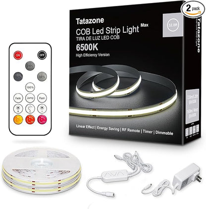 32.8ft 6500K White COB Led Strip Light with RF Remote, Dimmable Ultra Bright Daylight White COB Light Strip, Indoor Led Lights for Kitchen, Bedroom, Cabinet, 2 Rolls of 16.4ft