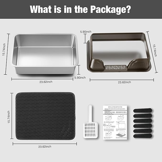 Suhaco Extra Large Stainless Steel Litter Box with Lid XXL High Sided Cat Litter Boxes Included Litter Mat & Litter Scoop Anti-Urine Leakage Metal Pet Toilet for Big Cats (Black XXL)-Mewly Pet