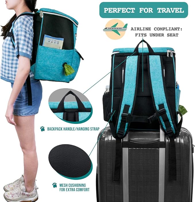 PetAmi Dog Travel Bag Backpack, Airline Approved Dog Bags for Traveling, Puppy Diaper Bag Supplies, Pet Camping Essentials Hiking Accessories Dog Mom Gift, Food Container, Collapsible Bowls, Teal Blue-Mewly Pet