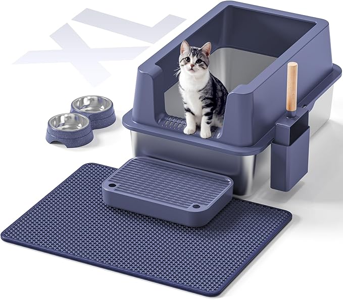 Stainless Steel Cat Litter Box - Enclosed XL Metal Kitty Litter Box with Lid for Big Cats, High Sided, Anti-Leakage, Easy Cleaning, Non-Sticky, Included Litter Mat, Cat Bowl & Spoon-Mewly Pet