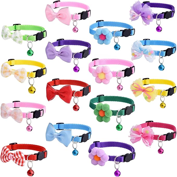 16 PCS Cute Cat Collar with Bells Kitten Collars for Girls Pink Cat Collar Breakaway Cat Collars for Girl Cats Small Kitten Collar with Bell Boy Pet Collar for Cats Kitten Supplies Flower Cat Collar-Mewly Pet