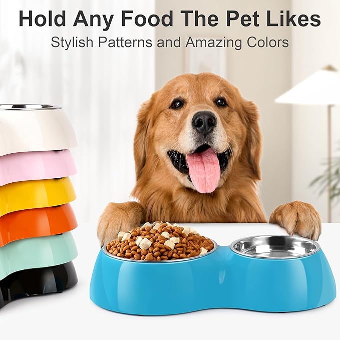 Elevated Dog Bowls Set - Non-Slip Raised Pet Feeder with Medium (2 Cups) & Large (4 Cups) Stainless Steel Bowls - Includes Durable Resin Stand for Puppies, Adult Dogs & Cats - Blue-Mewly Pet