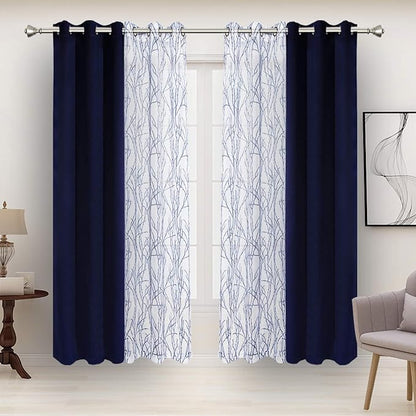 BONZER Mix and Match Curtains - 2 Pieces Branch Print Sheer Curtains and 2 Pieces Blackout Curtains for Bedroom Living Room Grommet Window Drapes, 37x95 Inch/Panel, Indigo, Set of 4 Panels
