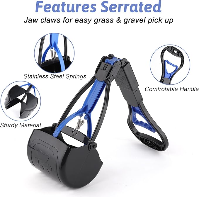 PPOGOO Non-Breakable 2PCS Pooper Scoopers for Large Medium Small Dogs with 24.3inch Long Handle High Strength Material Durable Spring, Easy Grass and Gravel Pick Up Blue and Orange-Mewly Pet