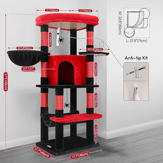 Globlazer Gothic Corner Cat Tree Tower with Scratching Post for Indoor Cats, 51inch Goth Cat Condo Tower with Large Hammock, Fan-Shaped Padded Perch, Spacious Cat Cave, Hanging Basket, C51, Red Black-Mewly Pet