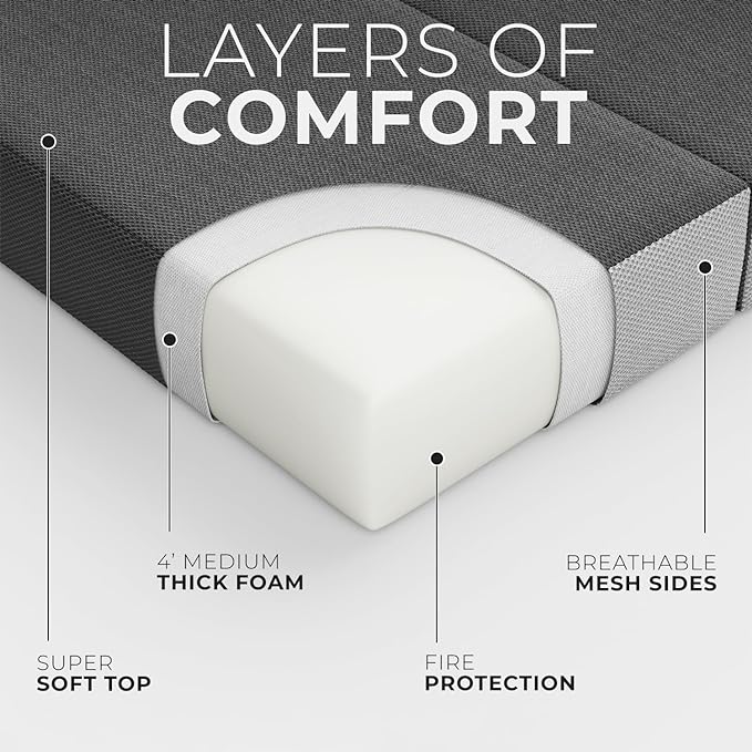 Cozzzi Foldable Mattress Queen Size for Floor and Traveling with Removable Cover - Lightweight and Portable Folding Mattress for Adults & Kids - Compact and Easy to Storage (75in x 58in x 4in)