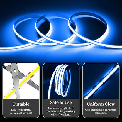 iNextStation COB LED Strip Light Blue 32.8ft/10M DC24V CRI 93+ Flexible LED Tape Lights 8mm for Bedroom, Kitchen, TV Backlight, Cabinet, Stage, Home DIY Lighting Decor(No Plug)