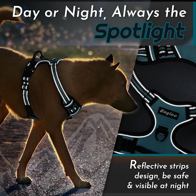 Eagloo Dog Harness Medium Sized Dog, No Pull Service Vest with Reflective Strips and Control Handle, Adjustable and Comfortable for Easy Walking, No Choke Pet Harness with 2 Metal Rings, Dark Green, M-Mewly Pet