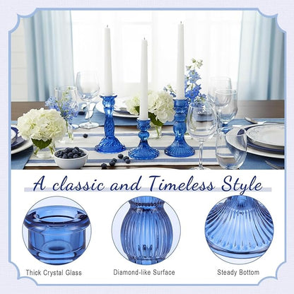 Mumufy 10 Pcs Glass Crystal Taper Candle Holders Clear Glass Candlestick Holder Fit 0.8 Inch Candles Crystal Decorative Candle Stand Centerpiece Table Wedding Dining Party (Classic,Blue)