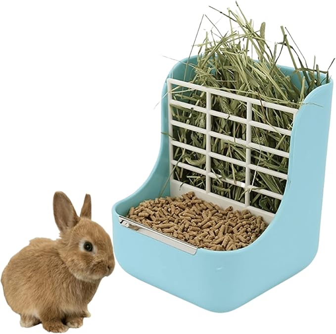 2 in 1 Food Hay Feeder for Guinea Pig, Rabbit Feeder, Indoor Hay Feeder for Guinea Pig, Rabbit, Chinchilla, Feed Bowls Use for Grass & Food (Blue)-Mewly Pet