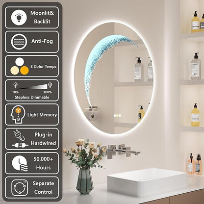24'' Circle LED Mirror, Frameless Round Smart Mirror with Backlit & Half Moon Light, Anti-Fog, 3 Color Modes, Dimmable Wall-Mounted LED Vanity Mirrors for Bathroom, Bedroom, Entryway