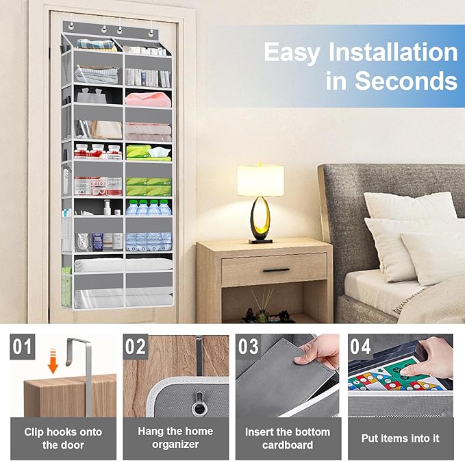 Over The Door Organizer Multi Pocket,5 Tier Large Hanging Shelf for Storage Kids Toys, Diapers, Clothes,Yarn,Heavy Duty Behind Door Storage for Bedroom Bathoom Nursery Closet Pantry,gray