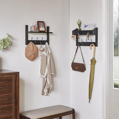 YMYNY 31.5" Coat Rack Wall Mount with Shelf, 4 in 1 Key and Coat Hanger with 12 Metal Hooks, Wall Shelf with Hooks & Mail Holder for Living Room, Bedroom, Black, HWS007B-2